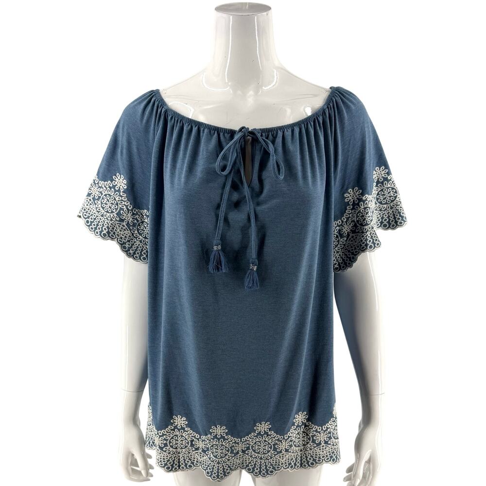 Adrianna Papell Womens Top Size XL Blue White Peasant Embroidered Tie Neck